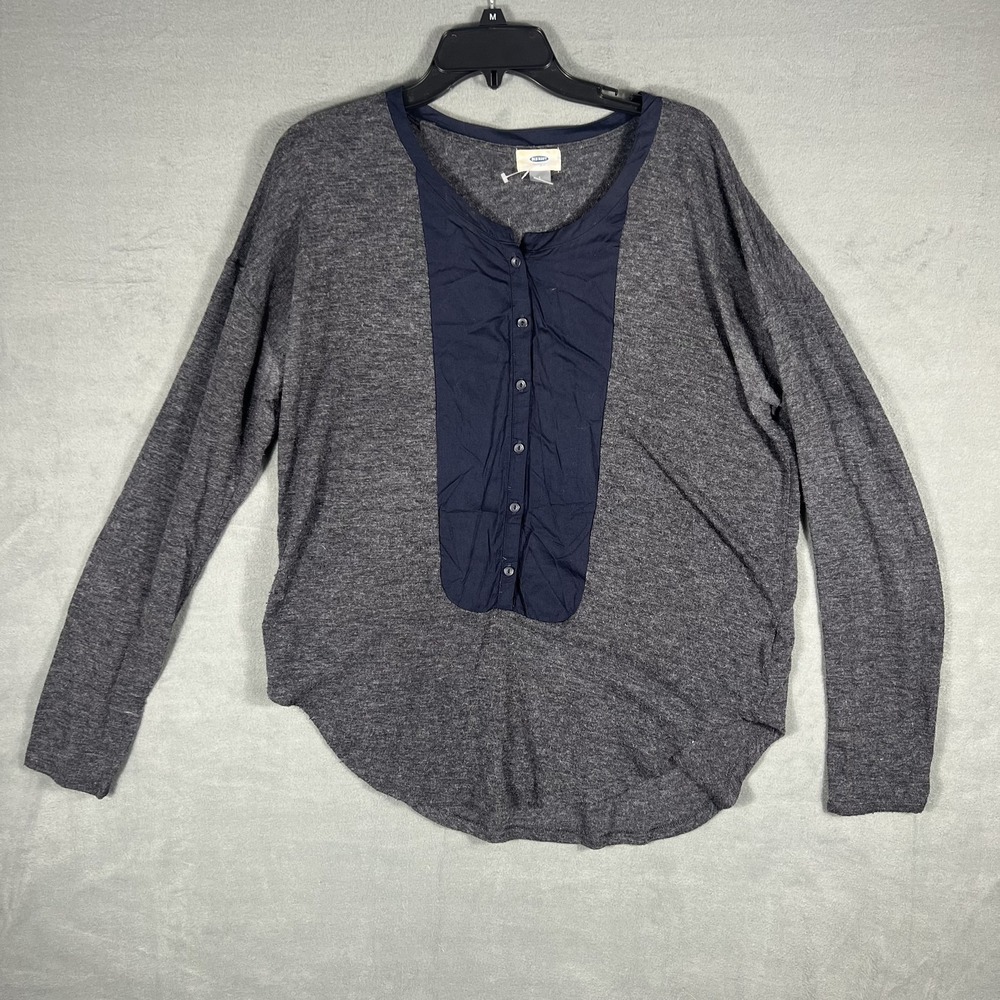 Old Navy Women's Large Gray Blue Henley Long Sleeve T-Shirt Blouse High-Low Hem